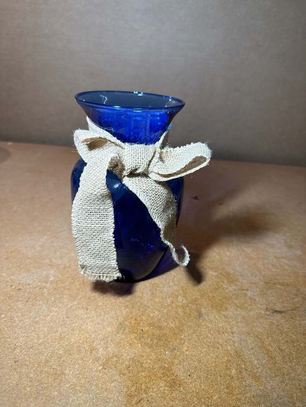 Cobalt Blue Glass Vase with Burlap Ribbon Accent